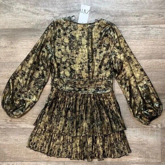 ZARA Metallic V-Neck Pleated Mini Dress NWT | Gold Long Sleeve (M) - Picture 16 of 16